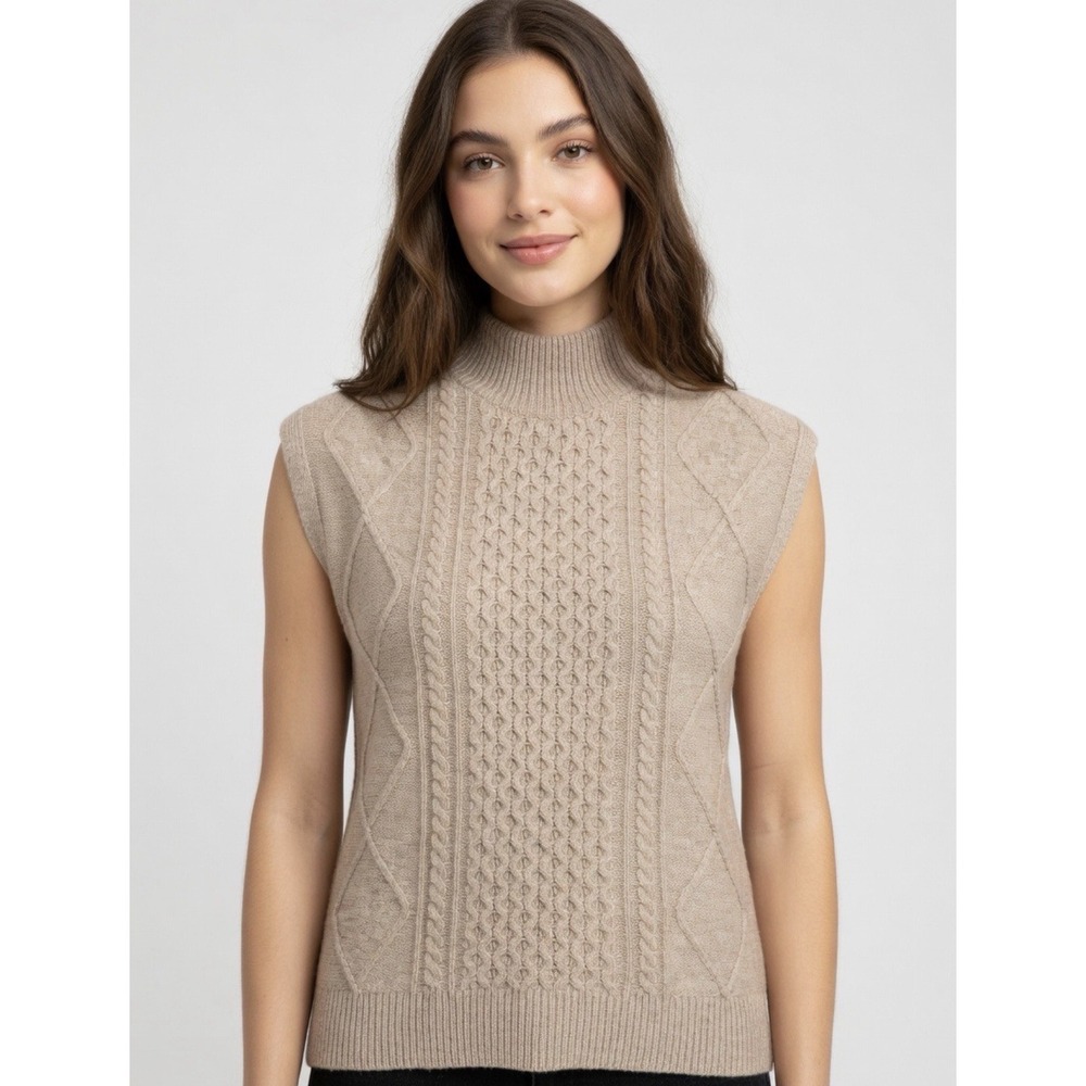 Sincerely Jules Cable Knit Mockneck Sleeveless Sweater Beige Sz S Vest Soft #A